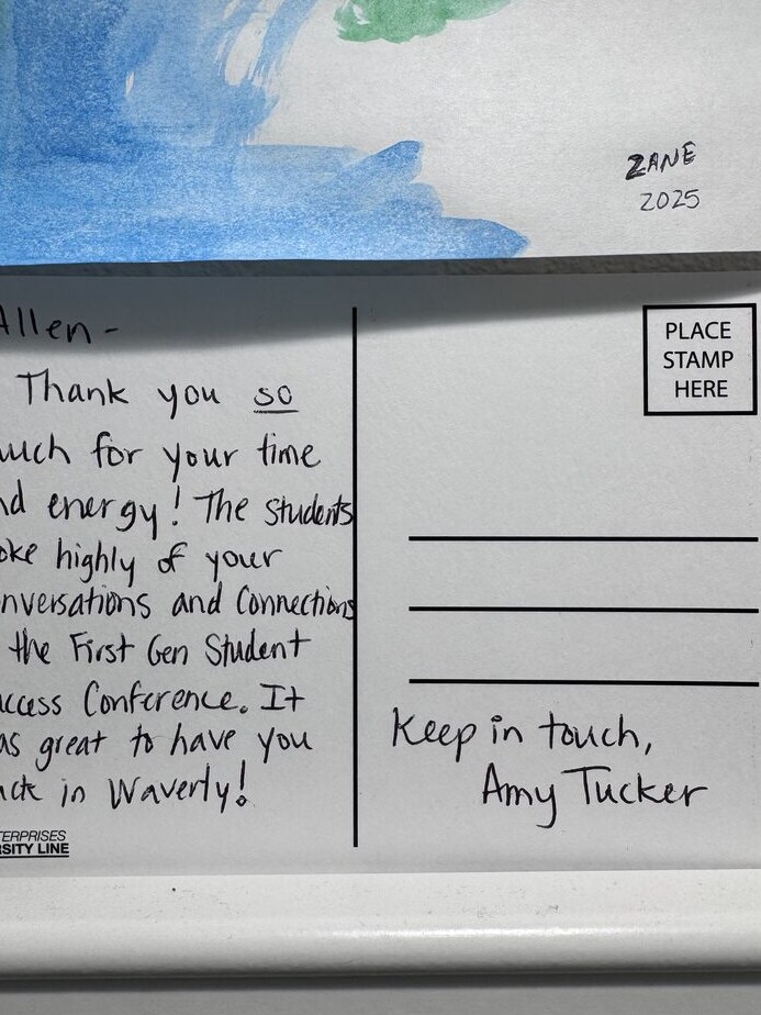 Handwritten thank-you note from Amy Tucker, Wartburg College