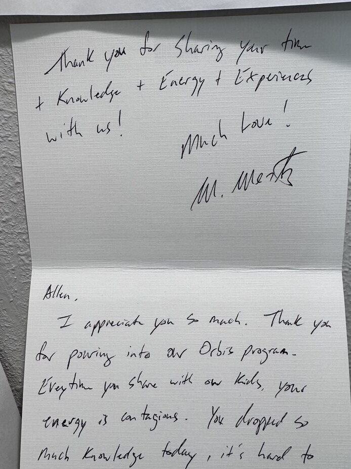 Handwritten thank-you note from Mike Mertz, Orbis